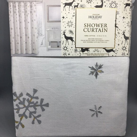 Envogue Shimmer Snowflake Shower Curtain Silver Gold Snowfall Christmas Holiday - Picture 2 of 5